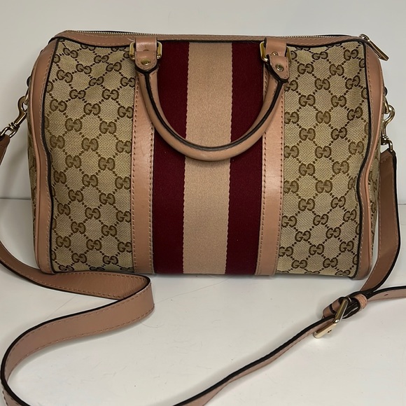 SOLD - Gucci Boston bag pink and burgundy stripe - Picture 2 of 16